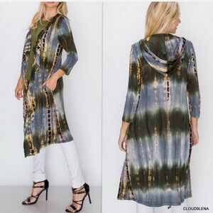 Coin 1904 Green & Blue Tie Dye Hooded Cascade Cardigan w/Pockets Size XL